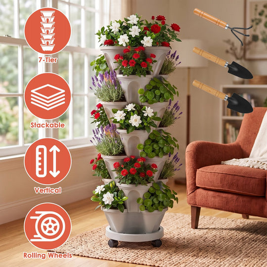 7-Tier Stackable Vertical Planter with Wheels and Drainage