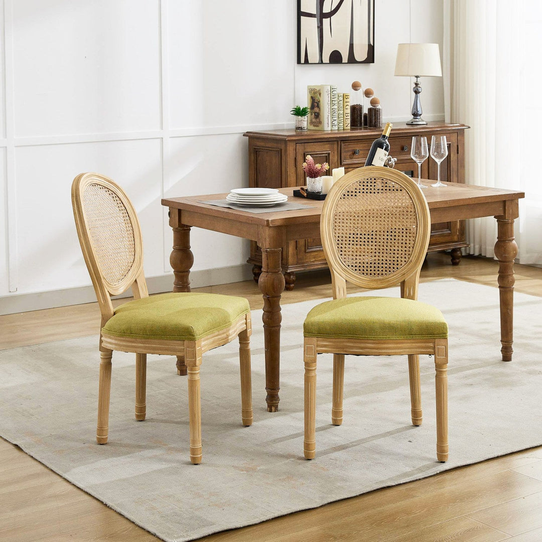 French Oval Rattan Back Dining Chairs Set of 2 - Solid Wood