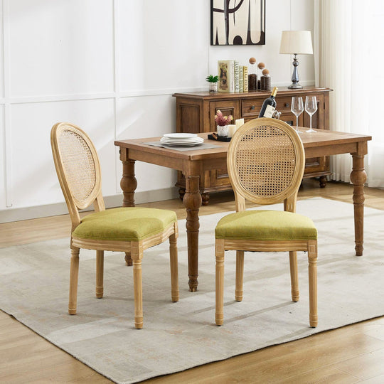 French Oval Rattan Back Dining Chairs Set of 2 - Solid Wood