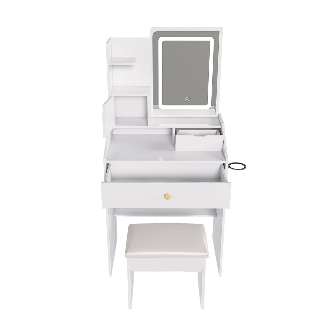 White Vanity Desk Set with LED Lighted Mirror & Padded Stool