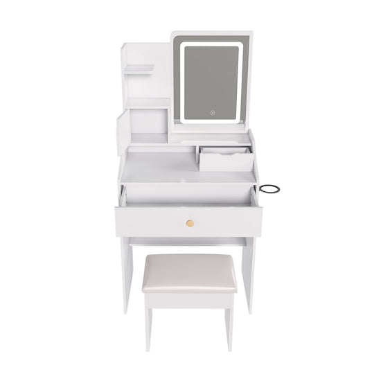 White Vanity Desk Set with LED Lighted Mirror & Padded Stool