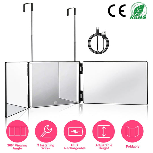 3 Way Mirror with LED Telescopic Hanger Tri-fold Mirror Personal Makeup Mirror with Micro USB Cable for Self Shaving Hair Cutting Dyeing Curling Braid