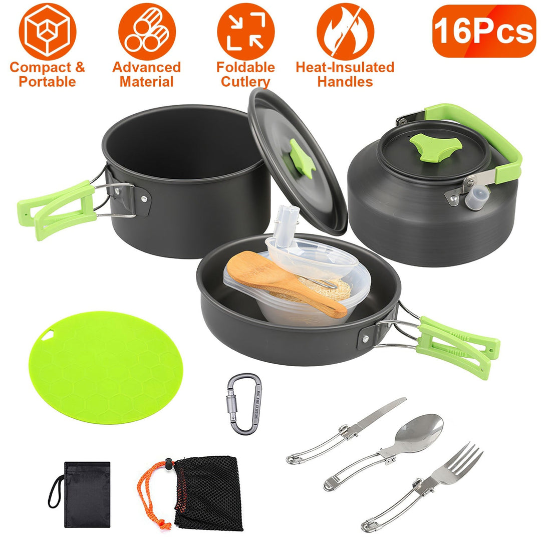 16Pcs Camping Cooking Ware Set Camping Stove Cookware Kit Aluminum Pot Pan Kettle Set with Bowls Knife Fork Spoon Carabiner Spatula Cutting Board for