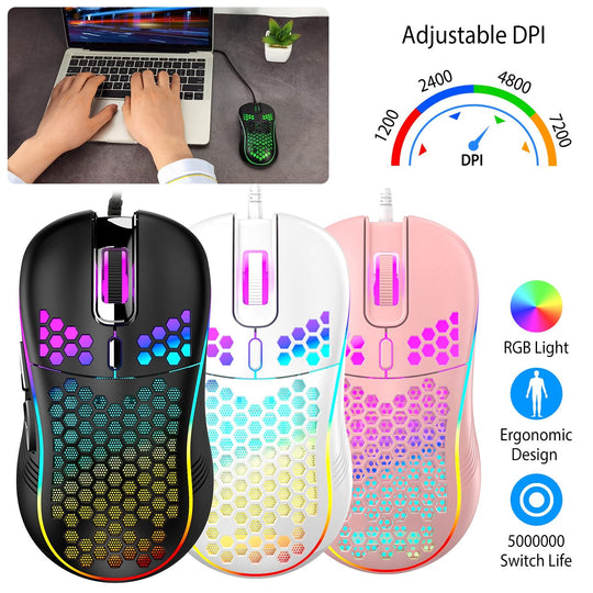 Wired Gaming Mouse 7200 DPI Laptop Optical Mouse Honeycomb Lightweight  Mouse with 4 Adjustable DPI Levels 7 Changeable Colors 6 Keys