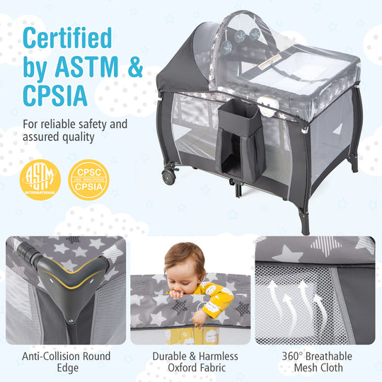 Portable Baby Nursery Center 4-in-1 Portable Travel Crib-Gray