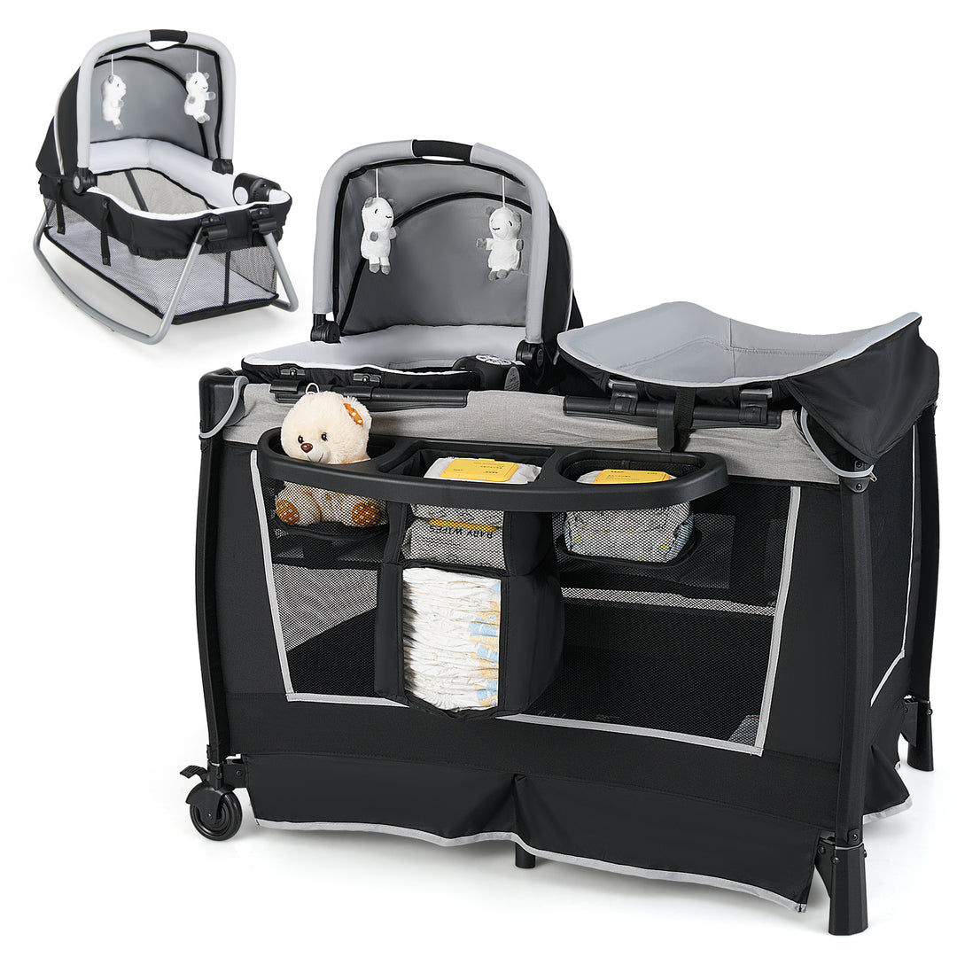 4-in-1 Convertible Portable Baby Play Yard with Toys and Music Player-Gray