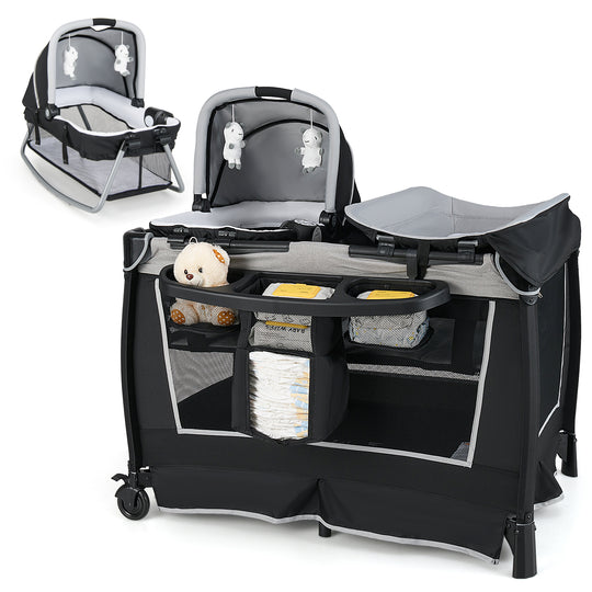 4-in-1 Convertible Portable Baby Play Yard with Toys and Music Player-Gray