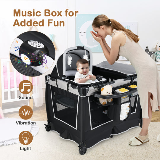 4-in-1 Convertible Portable Baby Play Yard with Toys and Music Player-Gray