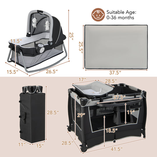 4-in-1 Convertible Portable Baby Play Yard with Toys and Music Player-Gray