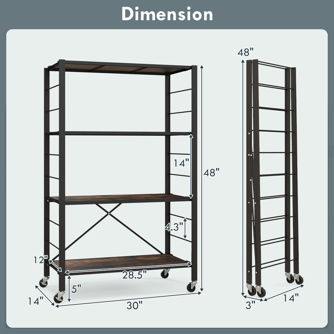 4-Tier Foldable Storage Rack with Wheels - 180 lbs Capacity