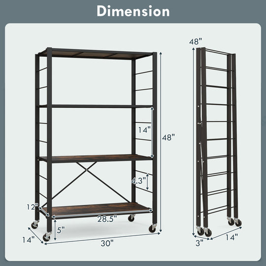 4-Tier Foldable Storage Rack with Wheels - 180 lbs Capacity
