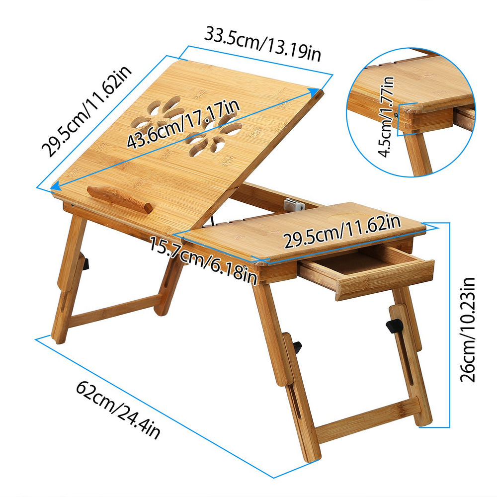 Bamboo Laptop Desk Breakfast Serving Bed Tray Foldable Leg Multi-Position Adjustable Tilt Surface Bed Lap Tray with Side Storage Drawer for Work Study