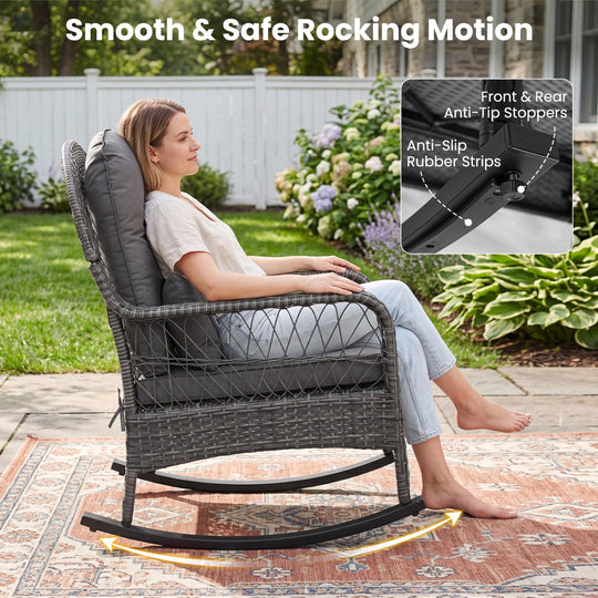 Patio Rattan Rocking Chair with Cushions - 400 LBS Capacity