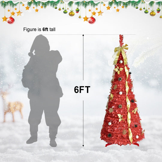 6FT Red Pre-Lit Christmas Tree with 150 LED Lights & Ornaments