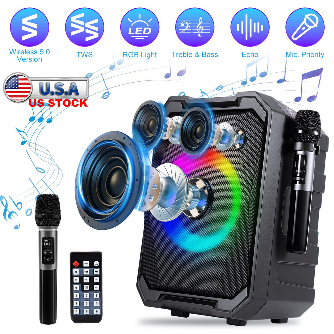 Portable Wireless Party Speaker | LED Lights, 2 Wireless Mics, Remote, TWS & Guitar Input
