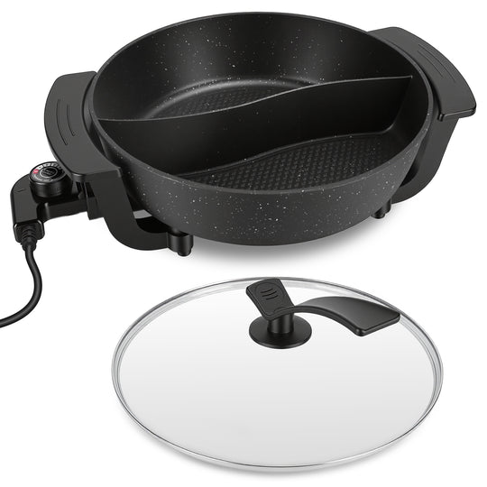 6L Electric Hot Pot with Divider 1100W Dual-Flavor Pot Shabu Shabu Pot Non-Stick with 5-Temp Control for Shabu Shabu Fondue Perfect for Family Gatheri