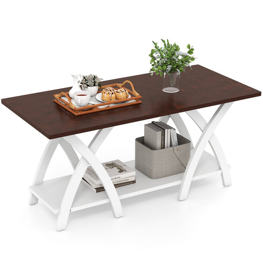 40 Inch Farmhouse Wooden 2-Tier Coffee Table with Storage Shelf for Living Room-Walnut