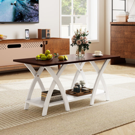 40 Inch Farmhouse Wooden 2-Tier Coffee Table with Storage Shelf for Living Room-Walnut