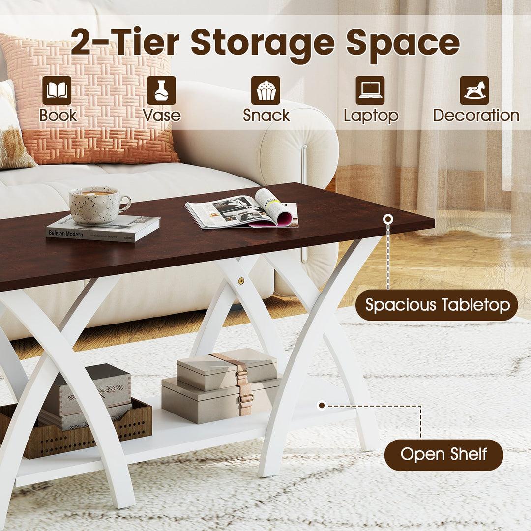 40 Inch Farmhouse Wooden 2-Tier Coffee Table with Storage Shelf for Living Room-Walnut