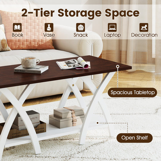40 Inch Farmhouse Wooden 2-Tier Coffee Table with Storage Shelf for Living Room-Walnut