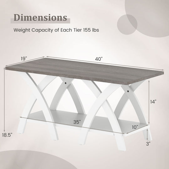 40 Inch Farmhouse Wooden Coffee Table with Storage Shelf with X-shaped Legs-Gray