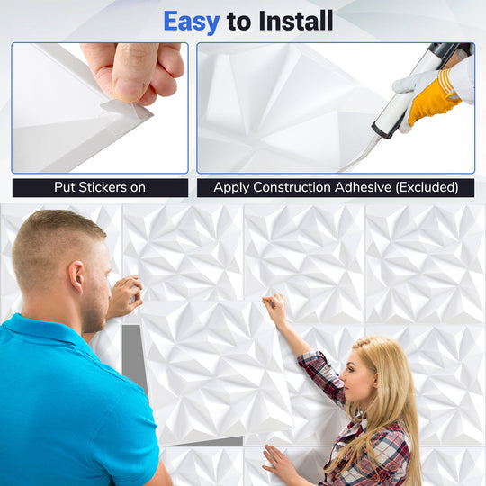 40-Pack 3D Wall Panels with Decorative Diamond Patterns-White