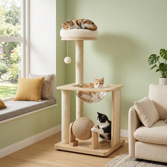 40" Solid Wood Cat Tree with Space Capsule & Sisal Posts