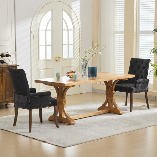 Upholstered Chenille Fabric Tufted Arm Dining Chair, Curved Solid Rubberwood Legs, Elegant Nailhead Trim Accent Chair fo