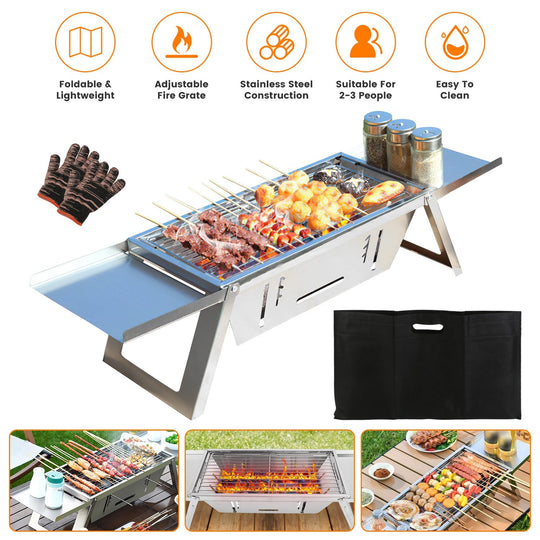 3 In 1 Foldable Charcoal Grill Fire Pit Slow Cooker 2-3 People Portable Camping Grill Stainless Steel BBQ Grill for Camping Tailgating Yard