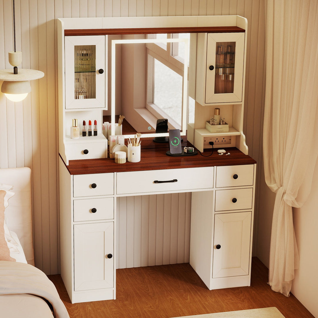 41.5 Inch Makeup Dressing Table with Power Outlets and 3 Color Lighting Modes-White+