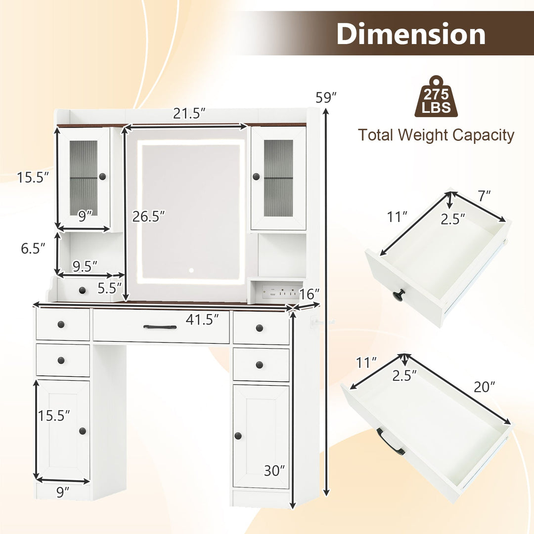 41.5 Inch Makeup Dressing Table with Power Outlets and 3 Color Lighting Modes-White+