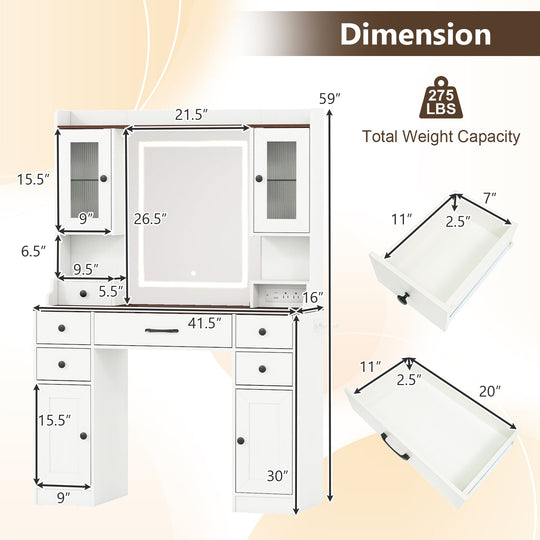 41.5 Inch Makeup Dressing Table with Power Outlets and 3 Color Lighting Modes-White+