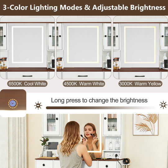 41.5 Inch Makeup Dressing Table with Power Outlets and 3 Color Lighting Modes-White+