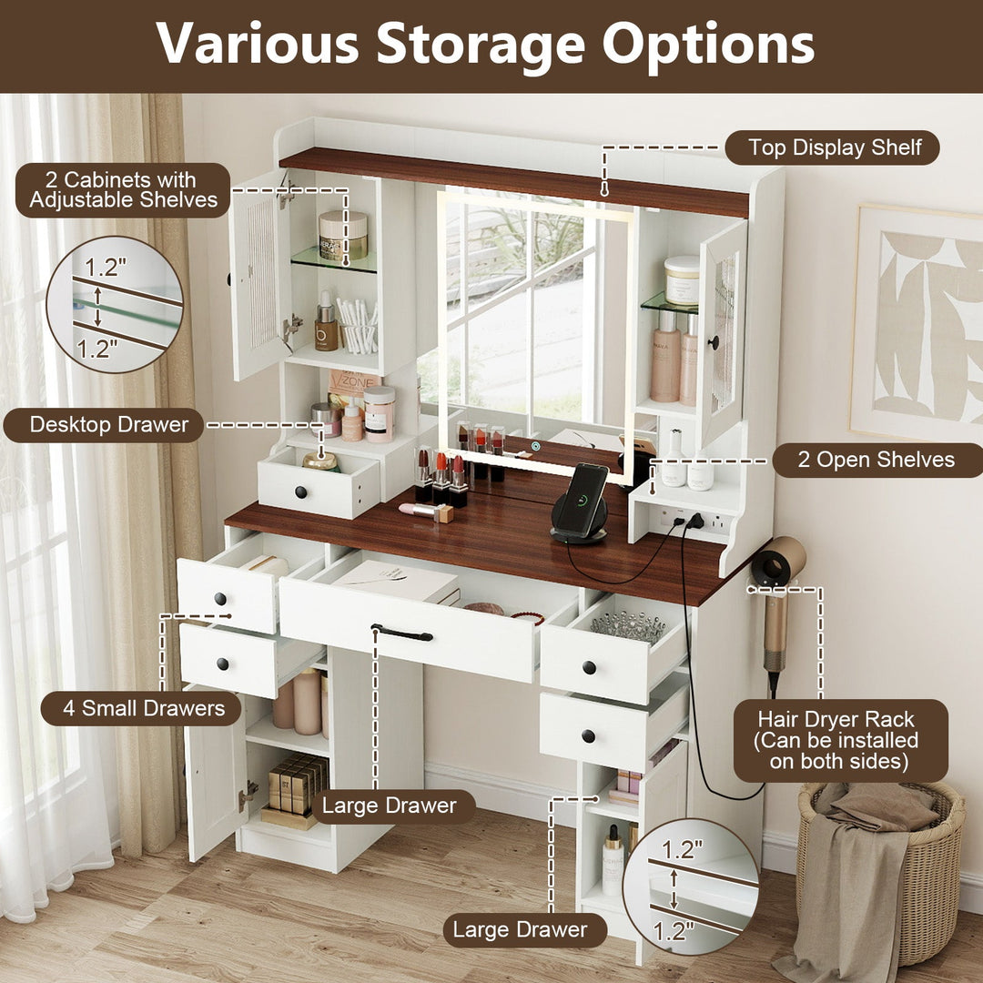 41.5 Inch Makeup Dressing Table with Power Outlets and 3 Color Lighting Modes-White+