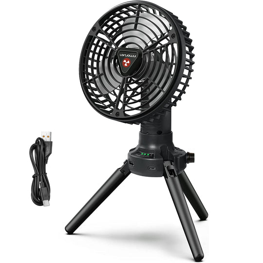 Foldable Camping Fan with Emergency Power Bank 270¡ Oscillating Rechargeable Tripod Fan for Hiking Fishing Personal Desk Fan with 4 Speeds 3 Brightnes