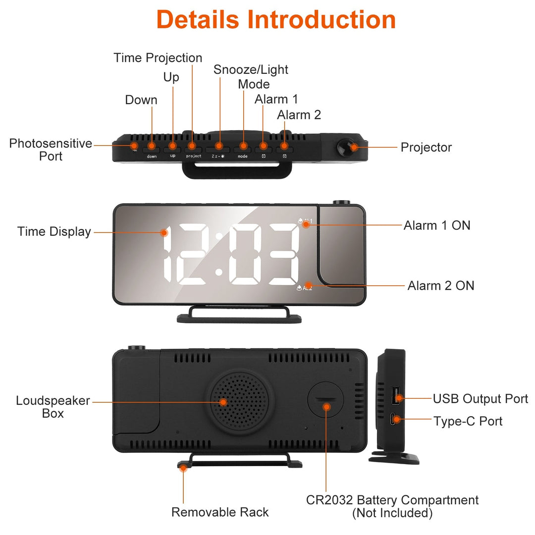 Projection Alarm Clock LED Digital Alarm Clock with Dual Alarms Snooze Function 6 Dimmer 12/24 Hour USB Port 7.7In Mirror