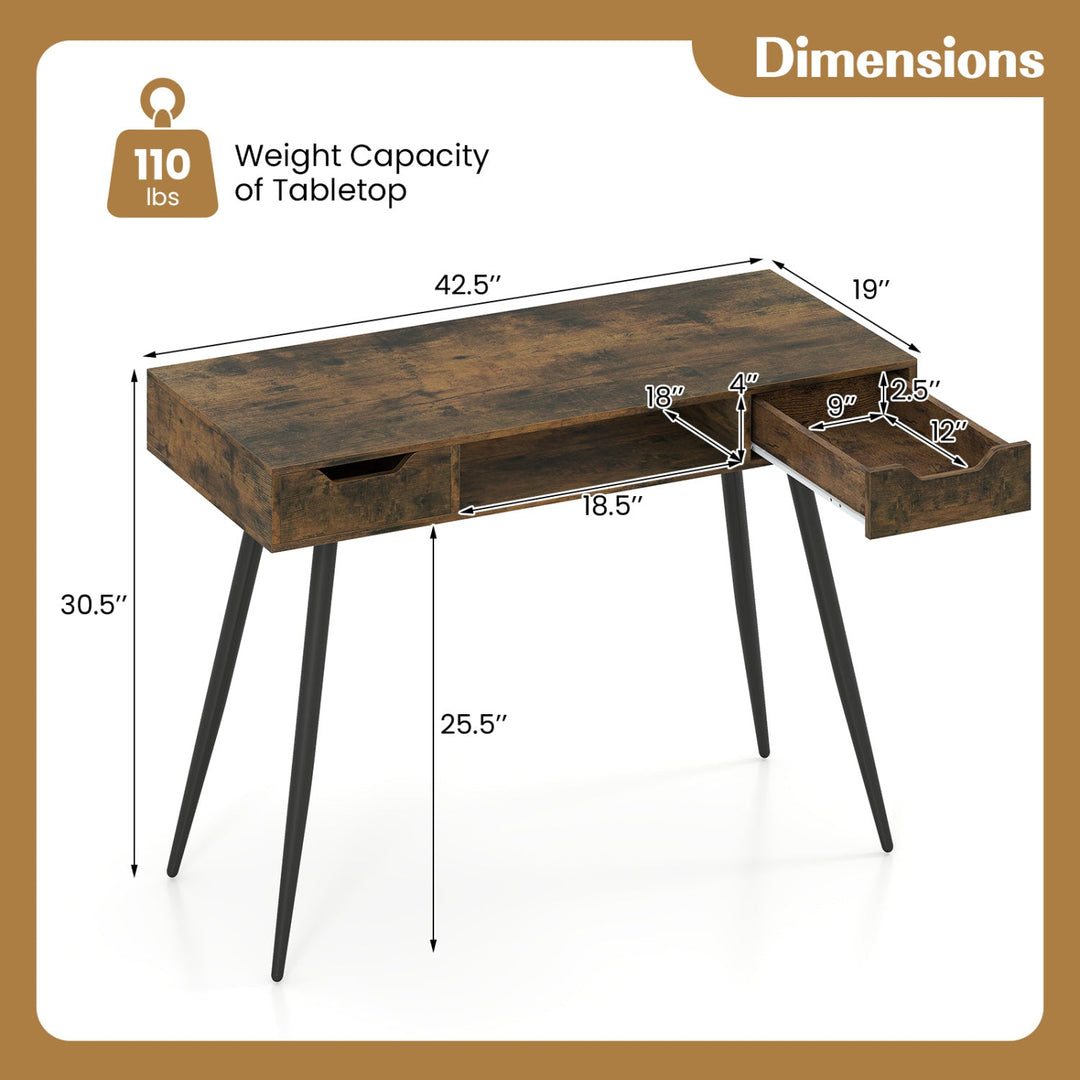 42.5" Mid Century Modern Writing Desk with Metal Leg and Drawers