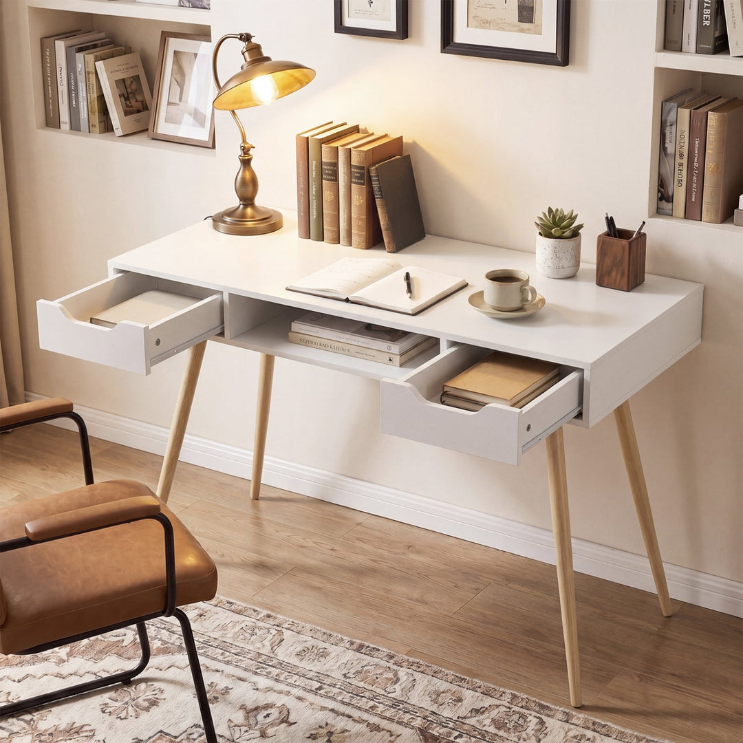 42.5" Mid Century Modern Writing Desk with Metal Leg and Drawers