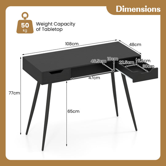 42.5" Mid Century Modern Writing Desk with Metal Leg and Drawers
