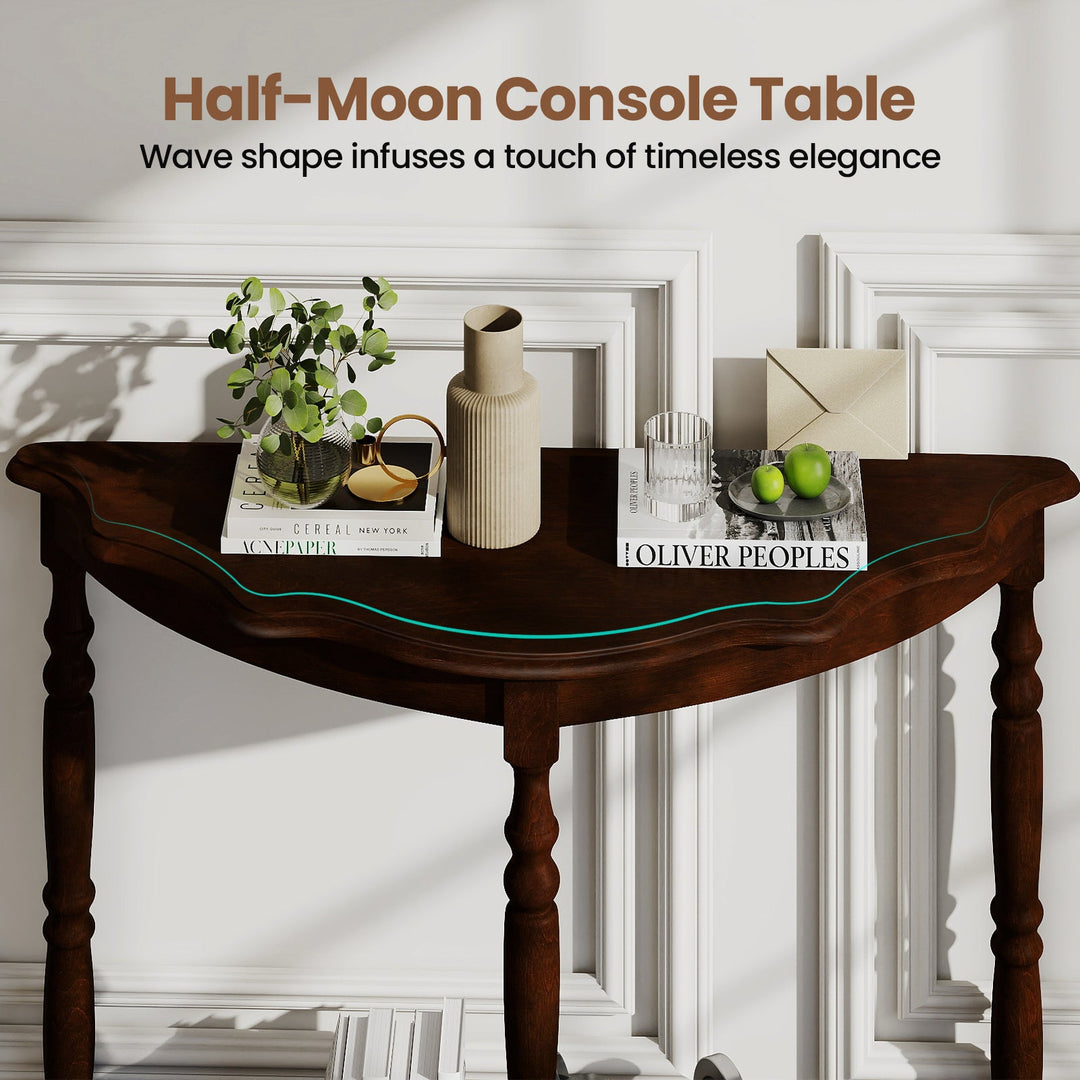 42 Inch Half Moon Console Table with Shelf and Rubber Wood Legs-Espresso