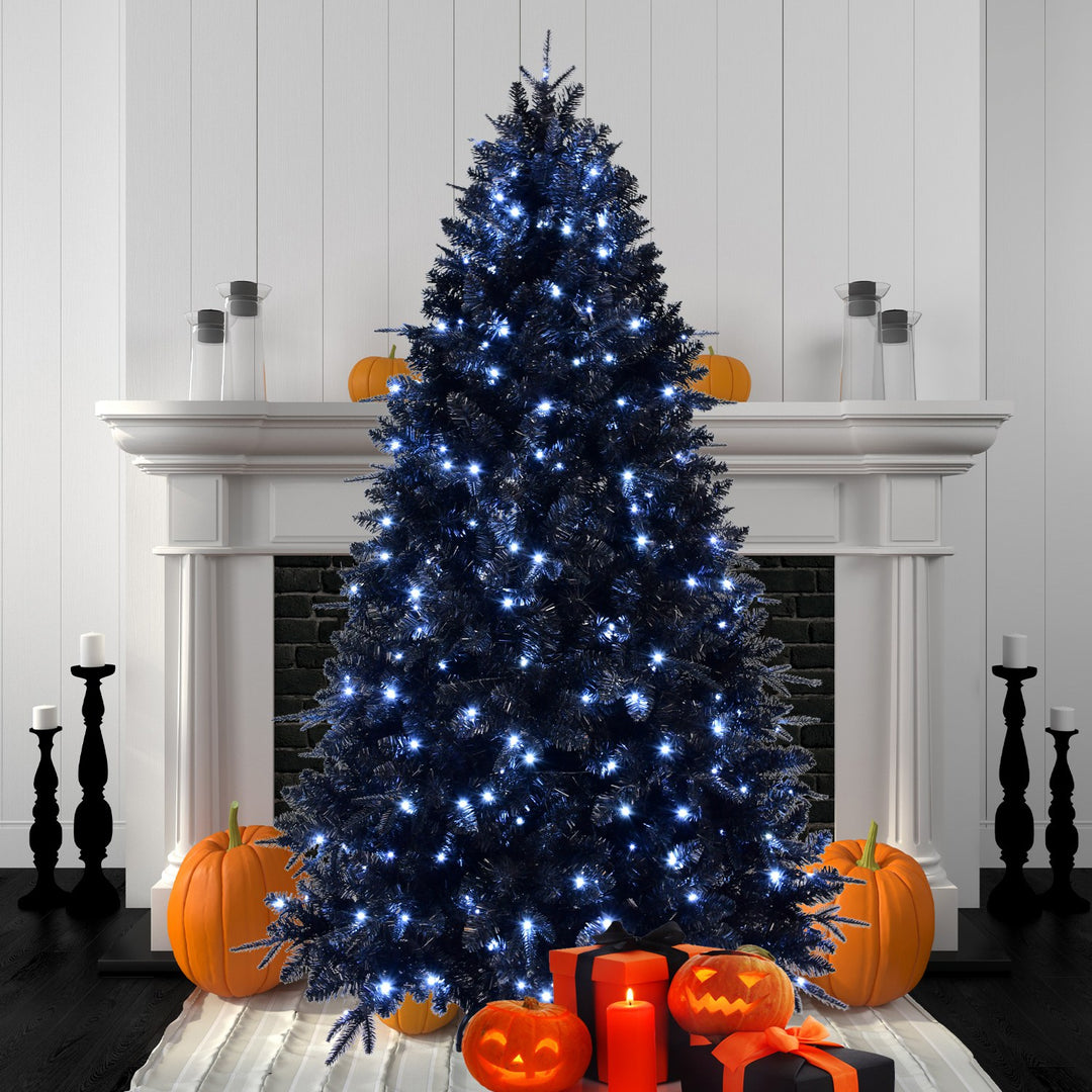 7FT Pre-Lit Black Christmas Tree with 450 White LED Lights 1916 PVC Tips Artificial Christmas Tree with Metal Stand Hing