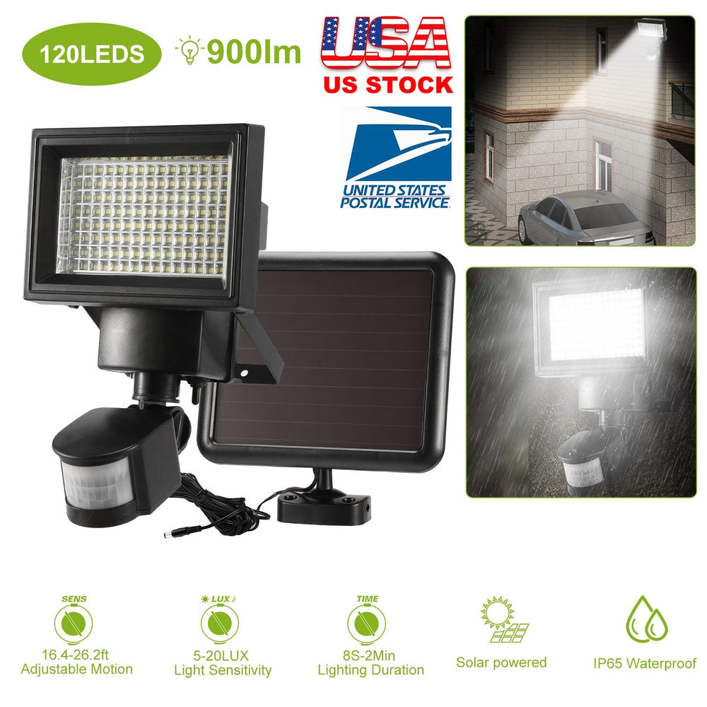 Solar Wall Lights 120 LEDs Flood Lights Outdoor 120¡ Motion Sensor Lamps 180¡Illumination IP65 Waterproof w/ 15.5ft Charging Cable for Garage Garden F