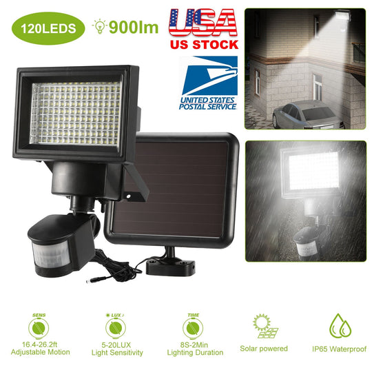 Solar Wall Lights 120 LEDs Flood Lights Outdoor 120¡ Motion Sensor Lamps 180¡Illumination IP65 Waterproof w/ 15.5ft Charging Cable for Garage Garden F