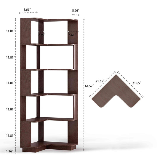 6 Tier Freestanding L-Shaped Corner Bookshelf For Living Room, Bedroom, Wooden Bookcase with anti-drop panle & anti tipp