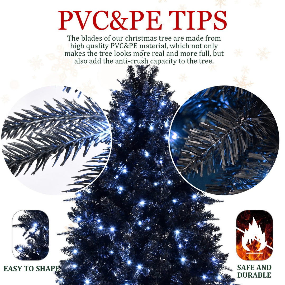 7FT Pre-Lit Black Christmas Tree with 450 White LED Lights 1916 PVC Tips Artificial Christmas Tree with Metal Stand Hing