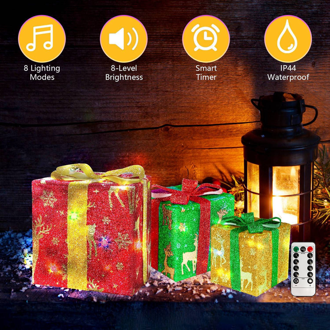 Set of 3 Christmas Lighted Gift Boxes Xmas Present Ornament 50 LED Christmas Box Decorations with Ribbon Bows IP44 Waterproof Battery Powered for Indo