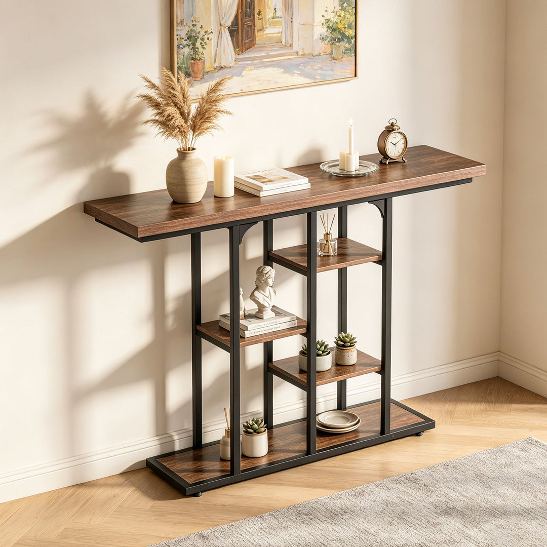 43" Console Table with Storage Shelves and Metal Frame for Entryway Hallway Foyer-Rustic Brown