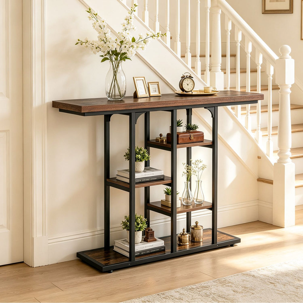 43" Console Table with Storage Shelves and Metal Frame for Entryway Hallway Foyer-Rustic Brown