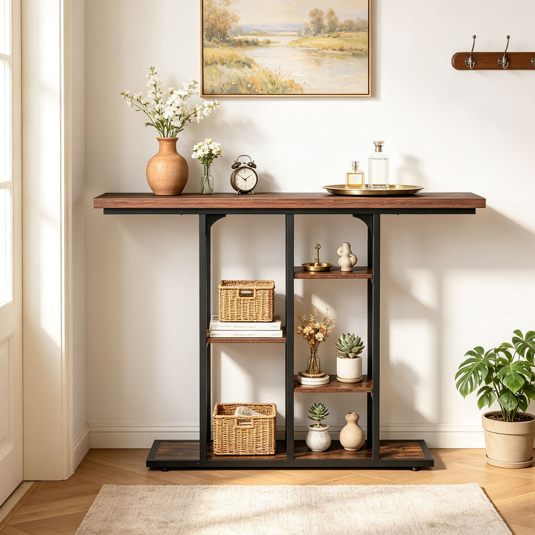 43" Console Table with Storage Shelves and Metal Frame for Entryway Hallway Foyer-Rustic Brown