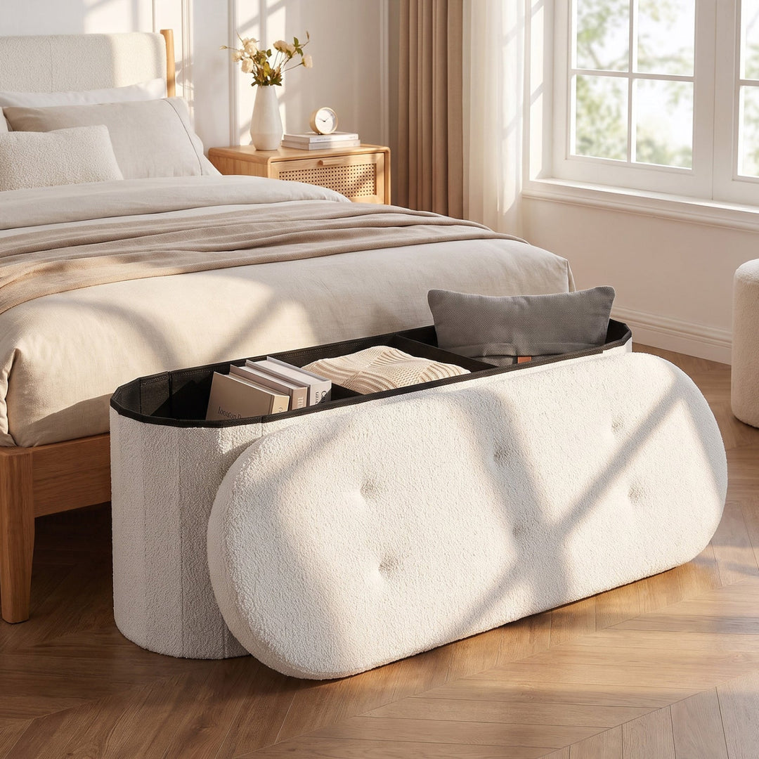 43" Folding Storage Ottoman Bench with Dividers - Teddy Fleece